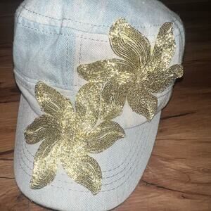 Lake Shore Drive Denim Cap Gold Floral Embroidery Vintage Chic Jean Hat 90’s Y2K